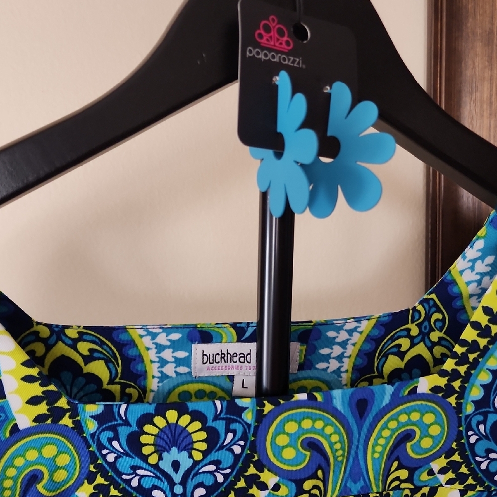 Buckhead Betties Blue Green Paisley Dress Size L + Free Paparazzi Earrings